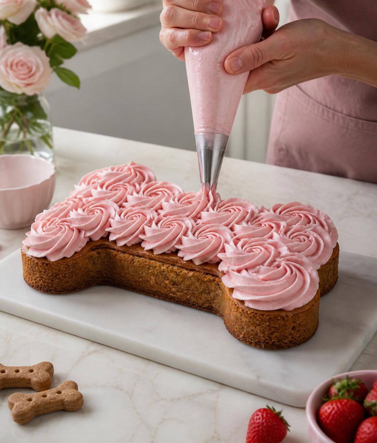 Baker decorating a dog cake